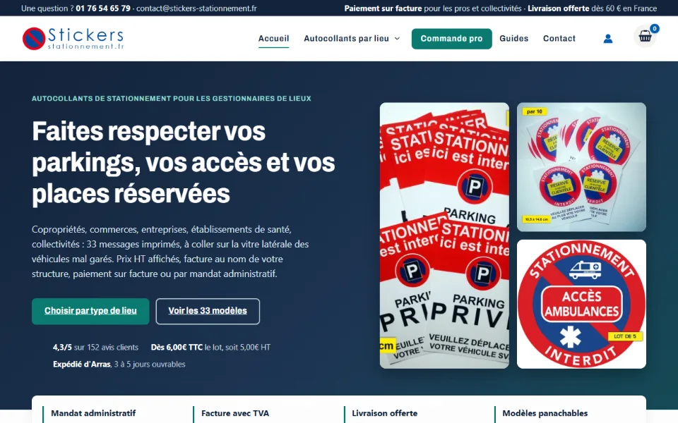 Capture d'écran du site Stickers Stationnement